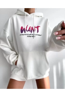 Baskılı Üç İplik Kapüşonlu Oversize Sweatshirt - Beyaz