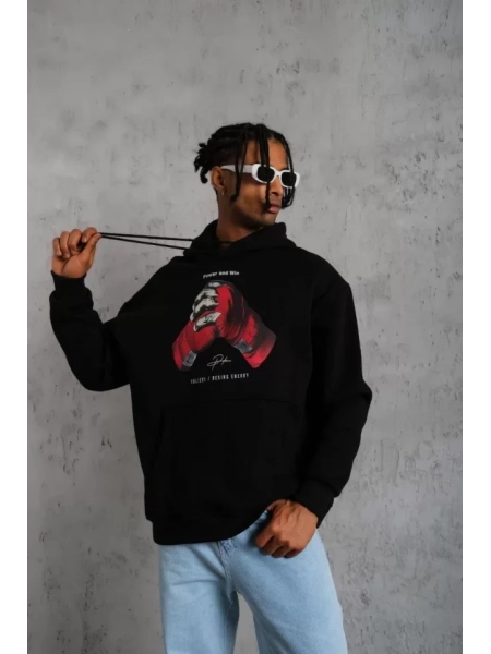 Erkek Eldiven Baskılı Kapüşonlu Sweat - Siyah