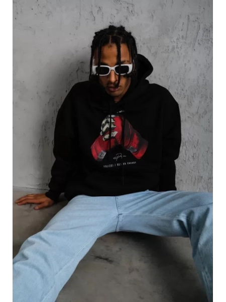 Erkek Eldiven Baskılı Kapüşonlu Sweat - Siyah