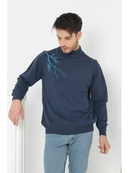 Unisex Yarım Boğazlı Baskılı Dokuma Triko - Indigo