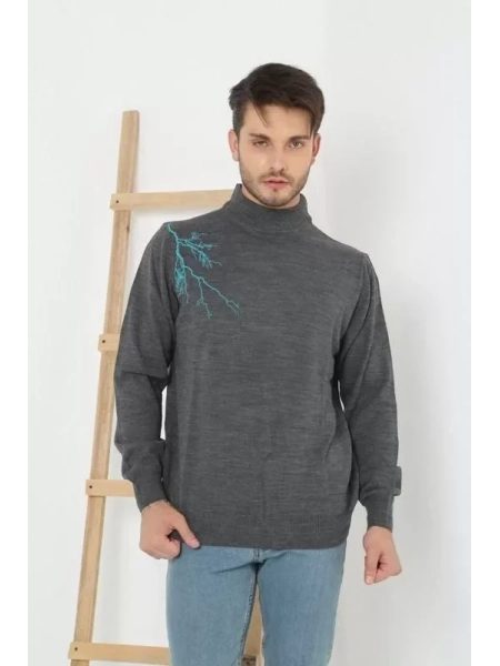 Unisex Yarım Boğazlı Baskılı Dokuma Triko - Füme