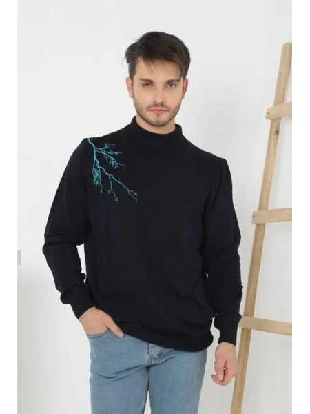 Unisex Yarım Boğazlı Baskılı Dokuma Triko - Siyah
