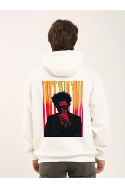 Unisex Baskılı Oversize Üç İplik Kapüşonlu Sweatshirt - Beyaz