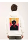 Unisex Baskılı Oversize Üç İplik Kapüşonlu Sweatshirt - Beyaz