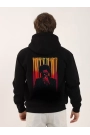Unisex Baskılı Oversize Üç İplik Kapüşonlu Sweatshirt - Siyah