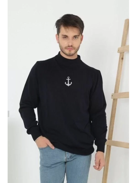 Unisex Yarım Boğazlı Baskılı Dokuma Triko - Siyah