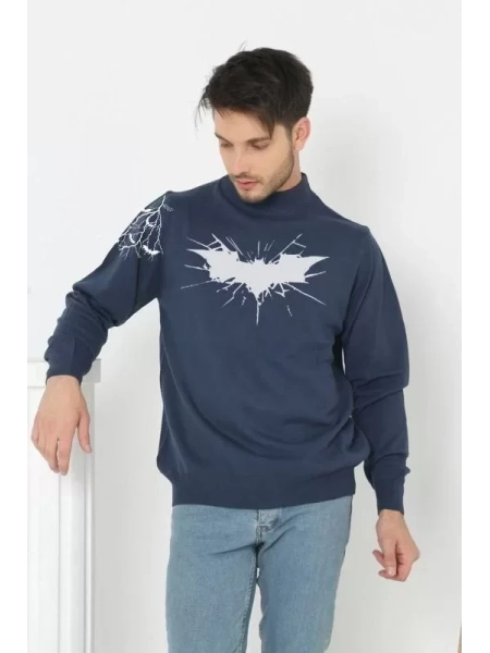 Unisex Yarım Boğazlı Baskılı Dokuma Triko -Indigo