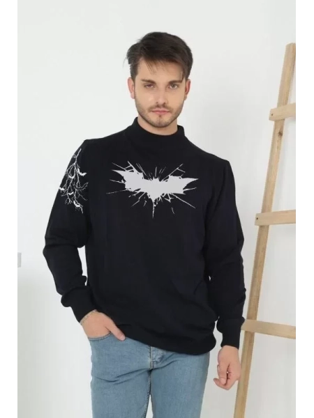 Unisex Yarım Boğazlı Baskılı Dokuma Triko - Siyah