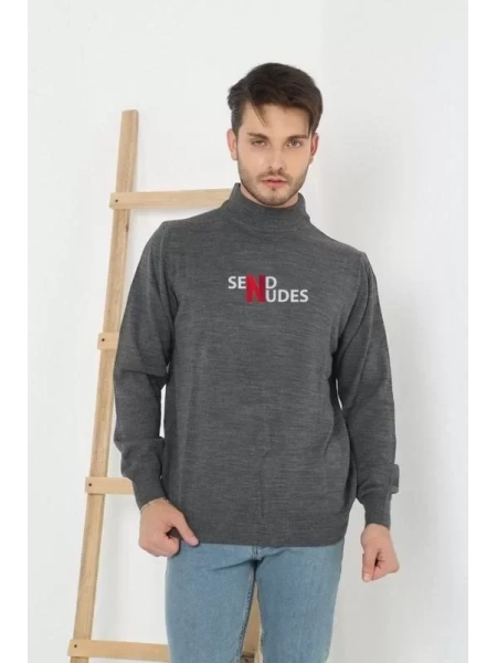 Unisex Yarım Boğazlı Baskılı Dokuma Triko - Füme