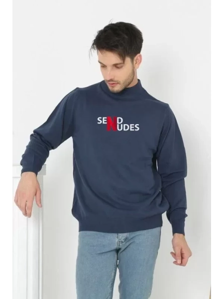Unisex Yarım Boğazlı Baskılı Dokuma Triko - Indigo