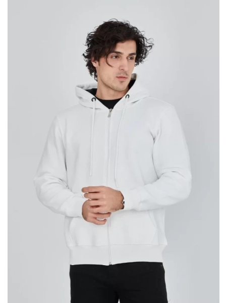 Unisex Tam Fermuarlı Kapşonlu  SweatShirt - Beyaz
