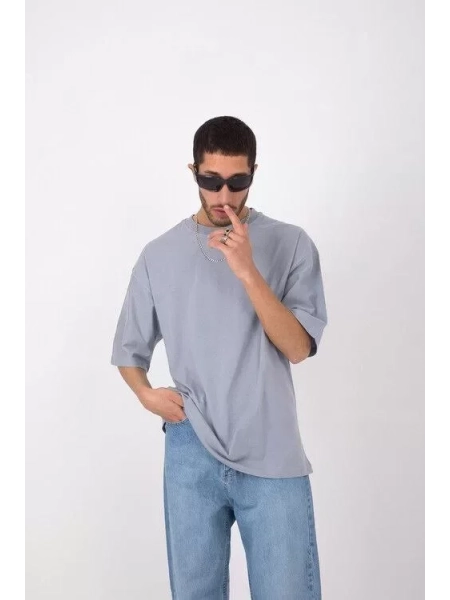 Unisex Basic Bisiklet Yaka Oversize T-Shirt - Gri
