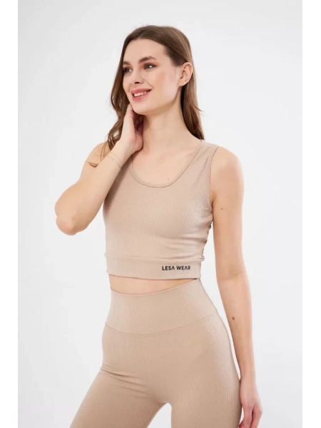 Fitilli Baskılı Crop - Bej