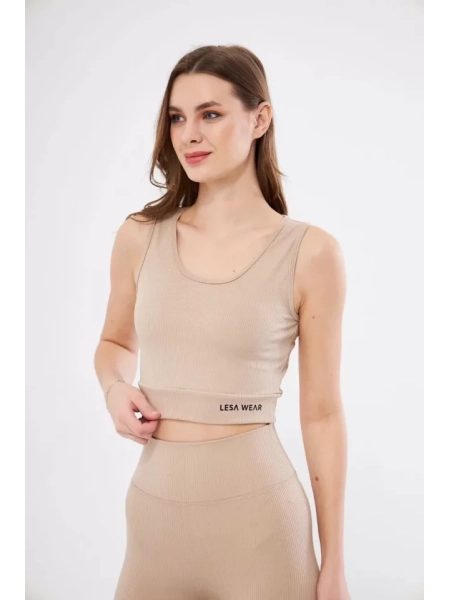 Fitilli Baskılı Crop - Bej