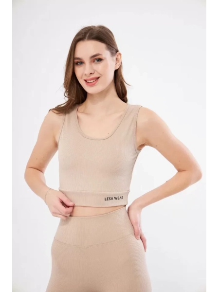 Fitilli Baskılı Crop - Bej