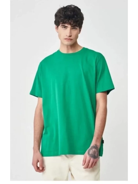 Unisex Düz Biskilet Yaka Oversize T-shirt - Yeşil