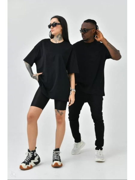Unisex Basic Bisiklet Yaka Oversize T-Shirt - Siyah