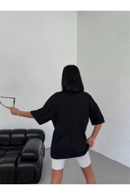 Unisex Bisiklet Yaka Baskılı Oversize T-Shirt - Siyah