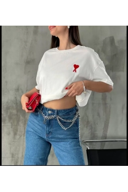 Unisex Bisiklet Yaka Baskılı Oversize T-Shirt - Beyaz