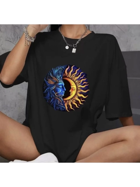 Unisex Bisiklet Yaka Baskılı Oversize T-Shirt - Siyah