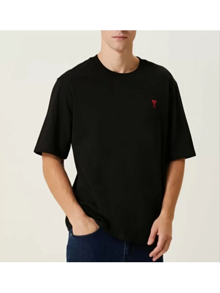 Unisex Bisiklet Yaka Baskılı Oversize T-Shirt - Siyah