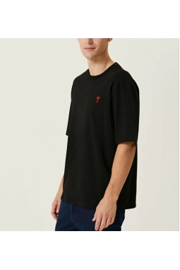 Unisex Bisiklet Yaka Baskılı Oversize T-Shirt - Siyah