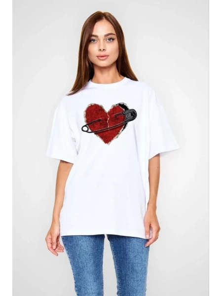 Unisex Bisiklet Yaka Baskılı Oversize T-Shirt - Beyaz