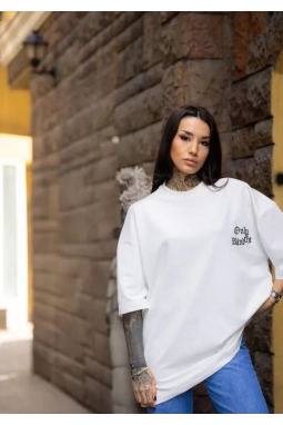 Unisex Bisiklet Yaka Baskılı Oversize T-Shirt - Beyaz