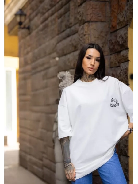 Unisex Bisiklet Yaka Baskılı Oversize T-Shirt - Beyaz