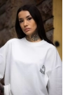 Unisex Bisiklet Yaka Baskılı Oversize T-Shirt - Beyaz