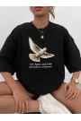 Unisex Bisiklet Yaka Baskılı Oversize T-Shirt - Siyah