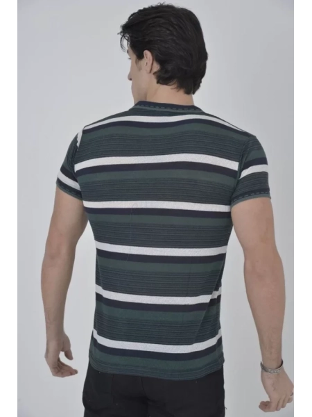 Erkek Yakalı Slim Fit Dokuma Çizgili T-Shirt - Haki