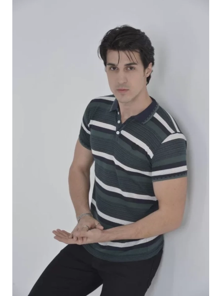 Erkek Yakalı Slim Fit Dokuma Çizgili T-Shirt - Haki