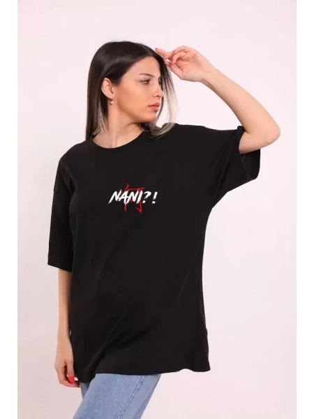 Unisex Bisiklet Yaka Baskılı Oversize T-Shirt - Siyah