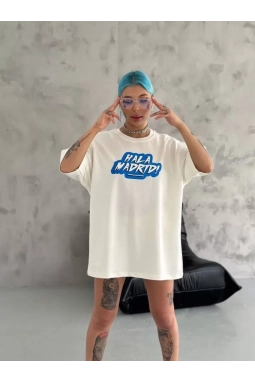 Unisex Bisiklet Yaka Baskılı Oversize T-Shirt - Beyaz