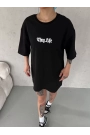 Unisex Bisiklet Yaka Baskılı Oversize T-Shirt - Siyah