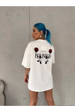 Unisex Bisiklet Yaka Baskılı Oversize T-Shirt - Beyaz