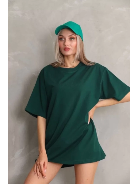 Unisex Bisiklet Yaka 20/1 Düz Oversize T-Shirt - Yeşil