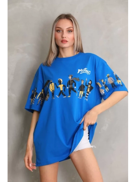 Unisex Bisiklet Yaka Baskılı Oversize T-Shirt - Mavi