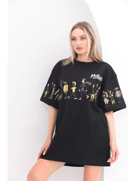 Unisex Bisiklet Yaka Baskılı Oversize T-Shirt - Siyah