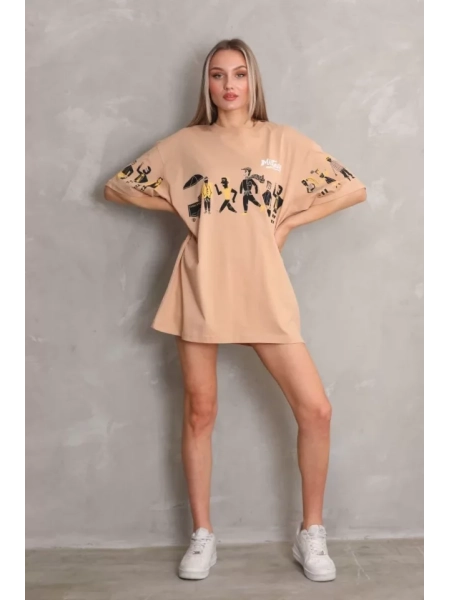 Unisex Bisiklet Yaka Baskılı Oversize T-Shirt - Bej