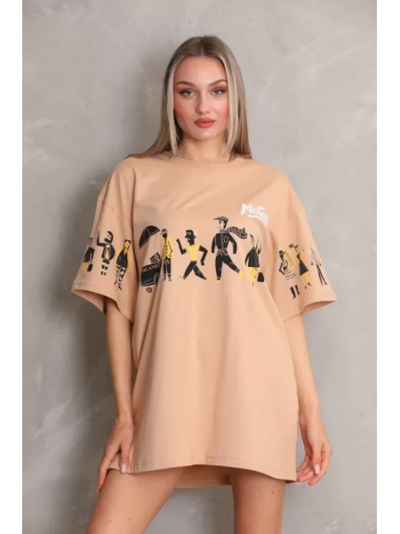 Unisex Bisiklet Yaka Baskılı Oversize T-Shirt - Bej