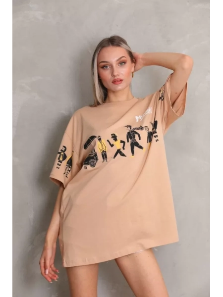 Unisex Bisiklet Yaka Baskılı Oversize T-Shirt - Bej