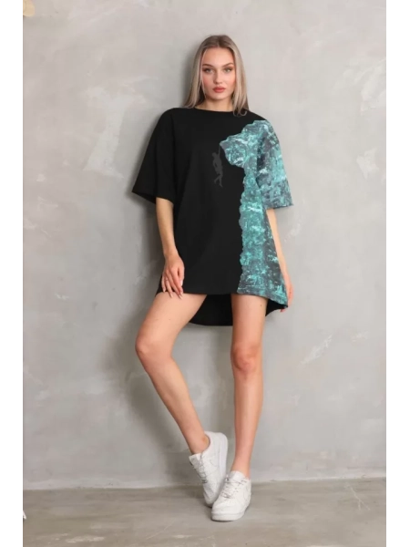 Unisex Bisiklet Yaka Baskılı Oversize T-Shirt - Siyah