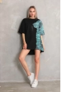 Unisex Bisiklet Yaka Baskılı Oversize T-Shirt - Siyah