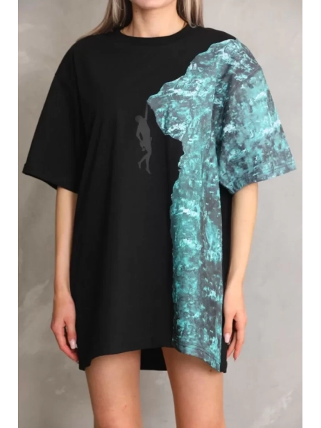 Unisex Bisiklet Yaka Baskılı Oversize T-Shirt - Siyah