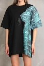 Unisex Bisiklet Yaka Baskılı Oversize T-Shirt - Siyah