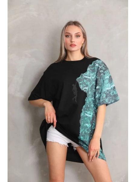 Unisex Bisiklet Yaka Baskılı Oversize T-Shirt - Siyah