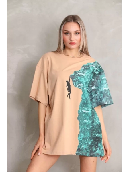 Unisex Bisiklet Yaka Baskılı Oversize T-Shirt - Bej