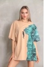 Unisex Bisiklet Yaka Baskılı Oversize T-Shirt - Bej